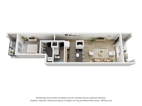 Floor plan for 1 bed, 1 bath, 725 sqft